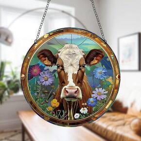 Generic 11.8 Inches Large Farm Animal Acrylic Window Hanging Decor Cow Wildflowers Wall Art Mural Suncatcher for Bedroom Office Garden Wall Decoration Indoor Window Decor Gift for Mom Grandma Teacher