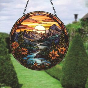 Acrylic Valleys Suncatcher for Windows River Flowers Sunset Large Round Natural Scenery Window Hanging Panels Bedroom Garden Kitchen Wall Decor Gifts for Women Mom Grandma Teacher