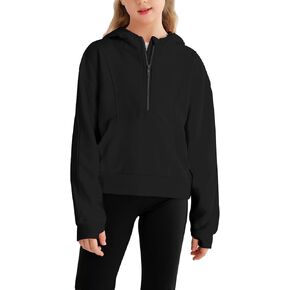 كنزات بغطاء للرأس للفتيات بلوفر بنصف سحاب قطع علوية قصيرة للفتيات سترة بأكمام طويلة وفتحة إبهام سترة مقصوصة in Kuwait