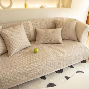 vctops Farmhouse Geometric Embroidered Couch Sofa Cover Cotton Quilted Sectional Couch Cover Non-Slip Sofa Slipcover Furniture Protector for Kids, Dogs, Cats (Khaki,28"x47")