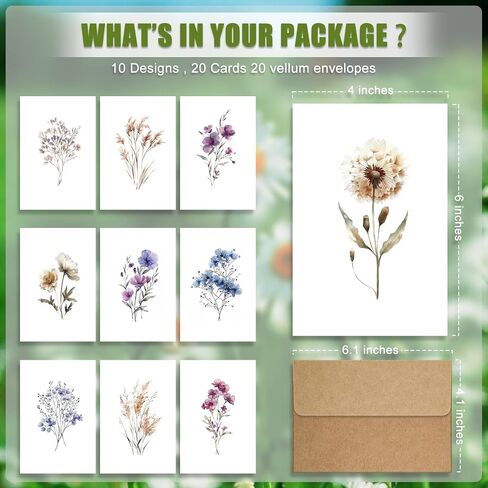 WEIZHEN Blank Cards, Blank Greeting Cards 4x6, 20 Count - Elegant Floral Design Blank Greeting Cards, Note Cards with Matching Peel Sealed Rustic Envelope in Saudi Arabia