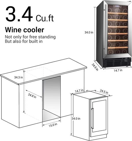 Under Counter Wine Cooler 15 Inch Wide, 33 Bottle Wine Fridge Refrigerator Built In/Freestanding, Under Cabinet Glass Door Stainless Steel Black Wine and Beverage Cellar For Home Bar With LED in Saudi Arabia