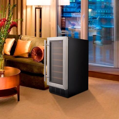 Under Counter Wine Cooler 15 Inch Wide, 33 Bottle Wine Fridge Refrigerator Built In/Freestanding, Under Cabinet Glass Door Stainless Steel Black Wine and Beverage Cellar For Home Bar With LED in Saudi Arabia