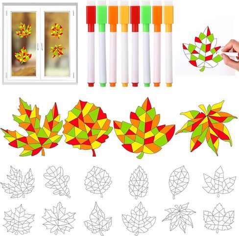 Trandraft 36 Pieces Thanksgiving Maple Leaves Window Clings Fall Suncatchers Crafts Kit DIY Maple Leaf Window Stickers with 8 Markers for Thanksgiving Autumn Party Hobby Gifts, 6 Inch in Diameter in Saudi Arabia
