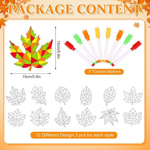 Trandraft 36 Pieces Thanksgiving Maple Leaves Window Clings Fall Suncatchers Crafts Kit DIY Maple Leaf Window Stickers with 8 Markers for Thanksgiving Autumn Party Hobby Gifts, 6 Inch in Diameter in Saudi Arabia