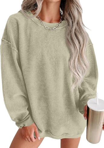 Womens Sweatshirts Casual Cored Corduroy Pullover Tops Oversized Long Sleeve Crewneck Shirts in Saudi Arabia