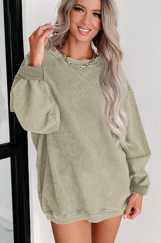 Womens Sweatshirts Casual Cored Corduroy Pullover Tops Oversized Long Sleeve Crewneck Shirts in Saudi Arabia