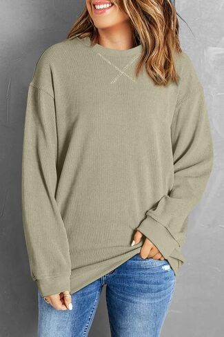 Womens Sweatshirts Casual Cored Corduroy Pullover Tops Oversized Long Sleeve Crewneck Shirts in Saudi Arabia