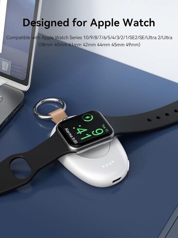 شاحن محمول لساعة Apple، بنك طاقة iWatch اللاسلكي بسلسلة مفاتيح 1400 مللي أمبير في الساعة، حزمة بطارية لسلسلة Apple Watch Series 9 8 7 6 5 4 3 2 1 SE Ultra 2 شواحن سيارات للسفر سريعة الشحن (فضي) in Kuwait