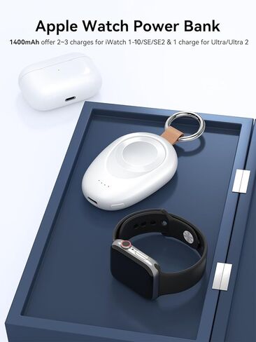 شاحن محمول لساعة Apple، بنك طاقة iWatch اللاسلكي بسلسلة مفاتيح 1400 مللي أمبير في الساعة، حزمة بطارية لسلسلة Apple Watch Series 9 8 7 6 5 4 3 2 1 SE Ultra 2 شواحن سيارات للسفر سريعة الشحن (فضي) in Kuwait