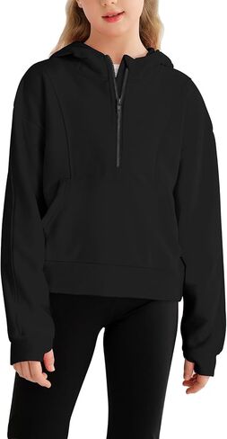 كنزات بغطاء للرأس للفتيات بلوفر بنصف سحاب قطع علوية قصيرة للفتيات سترة بأكمام طويلة وفتحة إبهام سترة مقصوصة in Kuwait