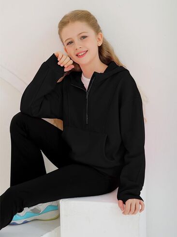 كنزات بغطاء للرأس للفتيات بلوفر بنصف سحاب قطع علوية قصيرة للفتيات سترة بأكمام طويلة وفتحة إبهام سترة مقصوصة in Kuwait