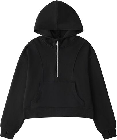 كنزات بغطاء للرأس للفتيات بلوفر بنصف سحاب قطع علوية قصيرة للفتيات سترة بأكمام طويلة وفتحة إبهام سترة مقصوصة in Kuwait