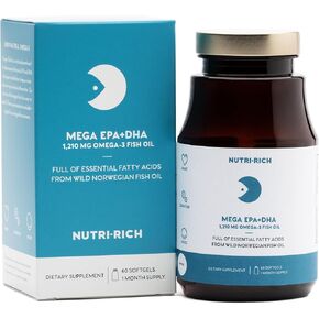Nutri-Rich Mega EPA + DHA Fish Oil Softgels Norwegian Sustainable Omega-3 Fatty Acids, Gluten-Free, Essential Fatty Acids, Burp-Free, 1,210 mg Omega for Heart Health Support (60 Count)