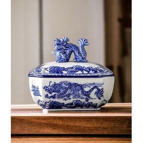 Festcool Classic Blue and White Ceramic Porcelain Jar Rectangle Canister, Sugar Candy Container, Tea Container, Dragon Button Lid, Hand-crafted Chinoiserie Decor