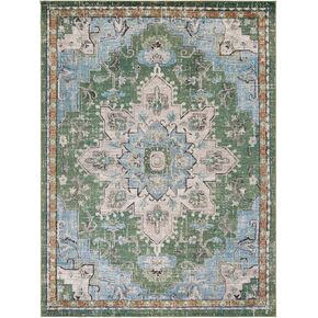 SAFAVIEH Madison Collection Area Rug - 8' x 10', Green & Turquoise, Boho Chic Medallion Distressed Design, Non-Shedding & Easy Care, Ideal for High Traffic Areas in Living Room, Bedroom (MAD473Y)