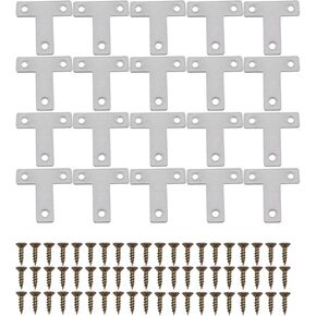 TAODAN 20PCS 80x80mm Joint Fastener Furniture Repair Support Bracket Repair Plate Flat Corner Support T Shaped Stainless Steel Flat Repair Plate Fixed Connection Piece for Bed Shelf TV Cabinet
