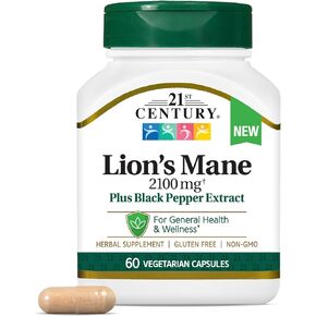 21st Century Lion's Mane 2,100 mg, Plus Black Pepper Extract, Vegetarian Capsules, 60 Count