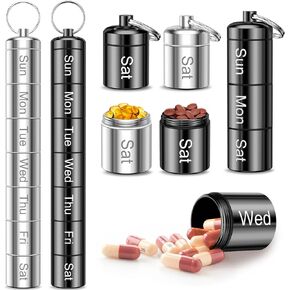 Weekly Pill Organizer 2 Times a Day, QuwaYee Portable Small Pill Case Keychain Pill Holder for Travel, 2 Pack Metal Pill Case Waterproof Daily Medicine Pill Organizer for Vitamin, Fish Oil, Supplement