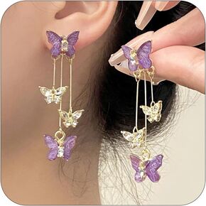 Purple Butterfly Earrings for Women Butterfly Dangle Earrings Purple Butterfly Tassel Earrings Crystal Drop Earrings Purple Dress Outfit for Woman
