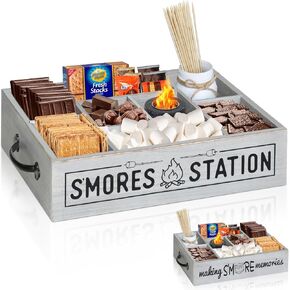 S'Mores Station With Mason Jar & Smores Sticks, S'mores Bar Holder with Handles, 8 Section Smores Caddy & Smores Accessories Organizer, Smores Maker Container for Fire Pit, Smores Serving Tray
