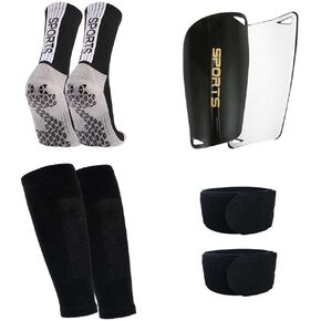 1 Pair Mens Grip Soccer Socks, 1 Pair Soccer Sleeve Socks with 1 Pack Shin Guards and 2 Shin Straps, Football Soccer Professional Game Set 5 Pcs (Black)