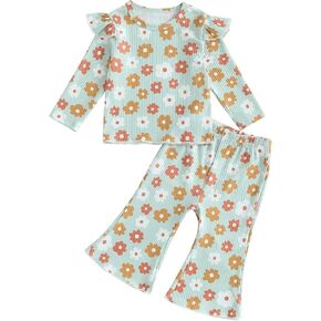 Toddler Girl Clothes Flying Sleeve Knit Ribbed Tops Floral Bell Bottom Pants Infant Baby Fall Winter Outfits
