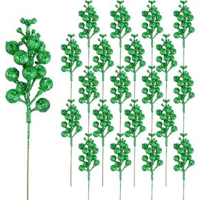 DIYASY Green Glitter Berry Stems,20Pcs Artificial Xmas Picks and Sprays Christmas Tree Filler Branches Ornaments Holiday Wreath Garland Decorations Home Décor 7.8 Inch