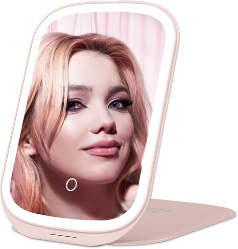 مرآة مكياج للسفر مضاءة فانيتي لوسنت من إيمبريشنز، غطاء قلاب بتصميم لوحي، مرآة قابلة للطي مع حامل، مرايا مضغوطة لطيفة ثلاثية الألوان للمكتب والمحفظة (وردي) in Kuwait