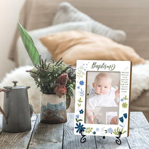 إطار صور خشبي من Baby Blessings Baptism هدايا مسيحية هدايا معمودية للطفل من العرابين، إطار صور خشبي مع حامل حديدي لسطح الطاولة أو شاشة سطح المكتب (صورة أفقية 4x6 بوصة) - 44 in Kuwait