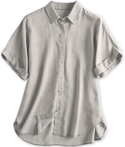 Cromoncent Womens Snap Button Blouses Denim Lyocell Tops Casual Short Sleeve Shirts in Kuwait