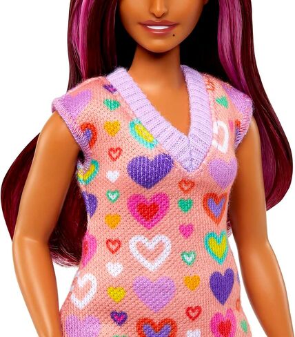 BarbieDoll, Red Hair, Wearing Yellow and Purple Heart-Print Dress and Platform Sneakers, for 3 to 7 Year Olds, Model:GHW48 in Saudi Arabia