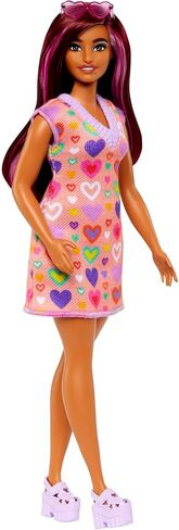 BarbieDoll, Red Hair, Wearing Yellow and Purple Heart-Print Dress and Platform Sneakers, for 3 to 7 Year Olds, Model:GHW48 in Saudi Arabia