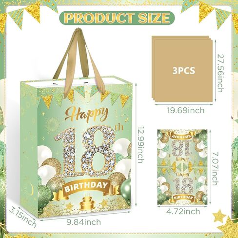 Sage Green 16th Birthday Decorations for Girls Green Gold 16th Birthday Gift Bag with Tissue Paper and Card Sweet 16 Gifts for Girls Happy 16th Wrapping Paper Bag for 16th Birthday Party Decorations in Saudi Arabia