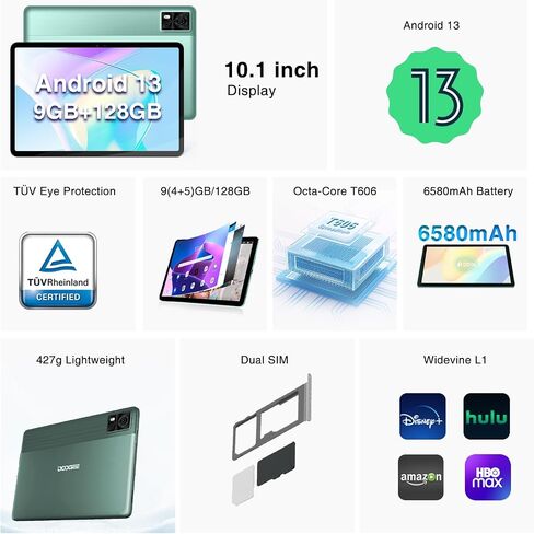 DOOGEE 2024 Latest 10.1 Inch Tablet with Octa-Core Processor, T10E Android 13 Tablet with 9GB+128GB/Expand 1TB, 5G/2.4G WiFi, Bluetooth 5.0, 6580mAh Battery, TÜV Eye Bluelight, Dual Speakers, Black in Saudi Arabia
