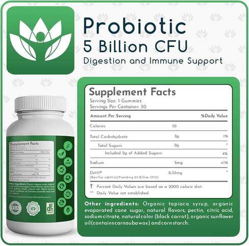 Organic Probiotic Gummies, 5 Billion CFU per serving, 60 Count, Vegan, Supports Digestive Health and Immune Defense, for Women and Children; Strawberry Flavor in Saudi Arabia