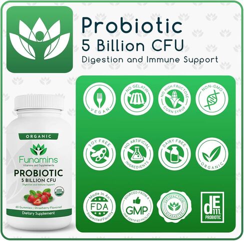 Organic Probiotic Gummies, 5 Billion CFU per serving, 60 Count, Vegan, Supports Digestive Health and Immune Defense, for Women and Children; Strawberry Flavor in Saudi Arabia