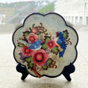 Ceramic Collections Plate,3D Hand Painted Magpies and Red Azaleas Decorative Tray with Display Stand -10"