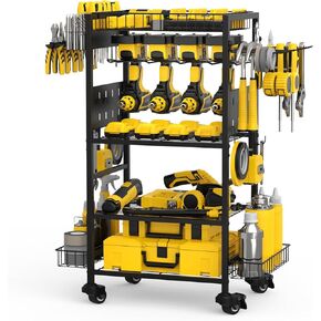 Power Tool Organizer Cart, Heavy Duty 5 Tier Rolling Tool Cart on Wheels, Garage Floor Standing Rolling Storage Cart with Drill Set Rack, Mechanic Utility Cart for Workbench & Outdoors Working