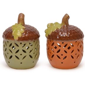 Mark Feldstein & Associates Pre-Lit LED Sage Green and Orange Harvest Acorn Tabletop Figurines, Set of 2, 6 Inch