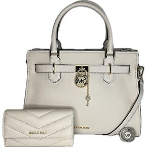 MICHAEL Michael Kors Hamilton MD Satchel bundled with Trifold Wallet and Purse Hook (Navy/Double Zip Wristlet)