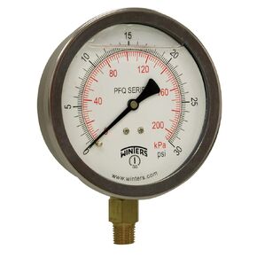 Winters 4" Dial Size, Liquid Filled Industrial Pressure Gauge, Brass Internals, 304 Stainless Steel Case, Dual Scale 0-30 psi/kPa, 1.5% Acc, 1/4" NPT Bottom Mount, Glycerin Filled Pressure Gauge