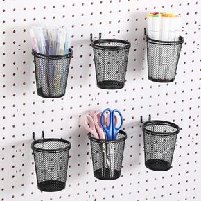 6 Sets Pegboard Cups with Ring Hooks Black Pegboard Bin Holder Pegboard Organizer Multipurpose Pen Cup Metal Pencil Holder Peg Boards Accessories for Desk Classroom Office Garage Workshop