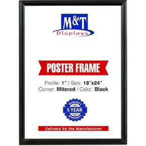 M&T Displays Snap Poster Frame 18x24 Inch Black 1" Aluminum Profile, Front Loading Wall Mounting, Display for Photo Picture Document Certificate, Mitered Corner Anti Glare Cover