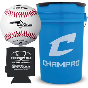 CHAMPRO CBB-90 Durahide Cover Baseballs in an Optic Blue Bucket – 30 Balls and one Rods Can Sleeve Included