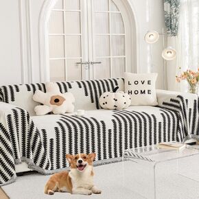 Sofa Cover for Sectional Couch Covers for Dogs Cats Couch Cover with Tassel L Shaped Cover Washable Furniture Protector Chenille Sofa Slipcovers for 3 Cushion Couch,Black, 71’’X134‘’