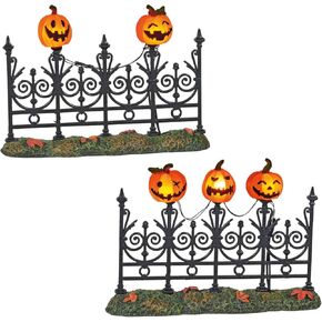 Department 56 6005557 Village Collection Accessories Halloween Jack-o-Lantern Miniature Lit Fence Figurine Set, 3 Inch, Multicolor