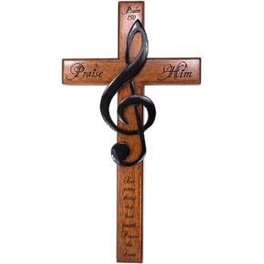 H.J. Sherman Praise Him 12" Carved Wooden Solid Mahogany Wall Cross with Treble Clef and Scripture From Psalm 150