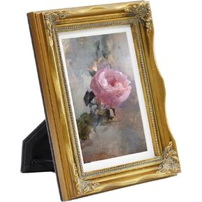 Gold 5x7 Picture Frames in Solid Wood, Wooden Frame with Embossed Flower, Vintage Photo Frames with Mat to 4x6, Gallery Wall and Tabletop Antique Frames(5x7, Gold)
