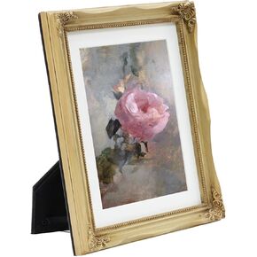 إطارات صور ذهبية مقاس 5x7 مصنوعة من الخشب الصلب، وإطار خشبي مع زهرة منقوشة، وإطارات صور عتيقة مع حصيرة مقاس 4x6، وإطارات حائط المعرض العتيقة وسطح الطاولة (5x7، ذهبي)